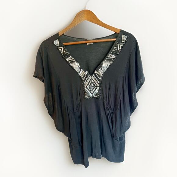 Ambiance Tops - Ambiance USA Y2K Boho Beaded Top Womens L Black Whimsigoth Festival Batwing USA